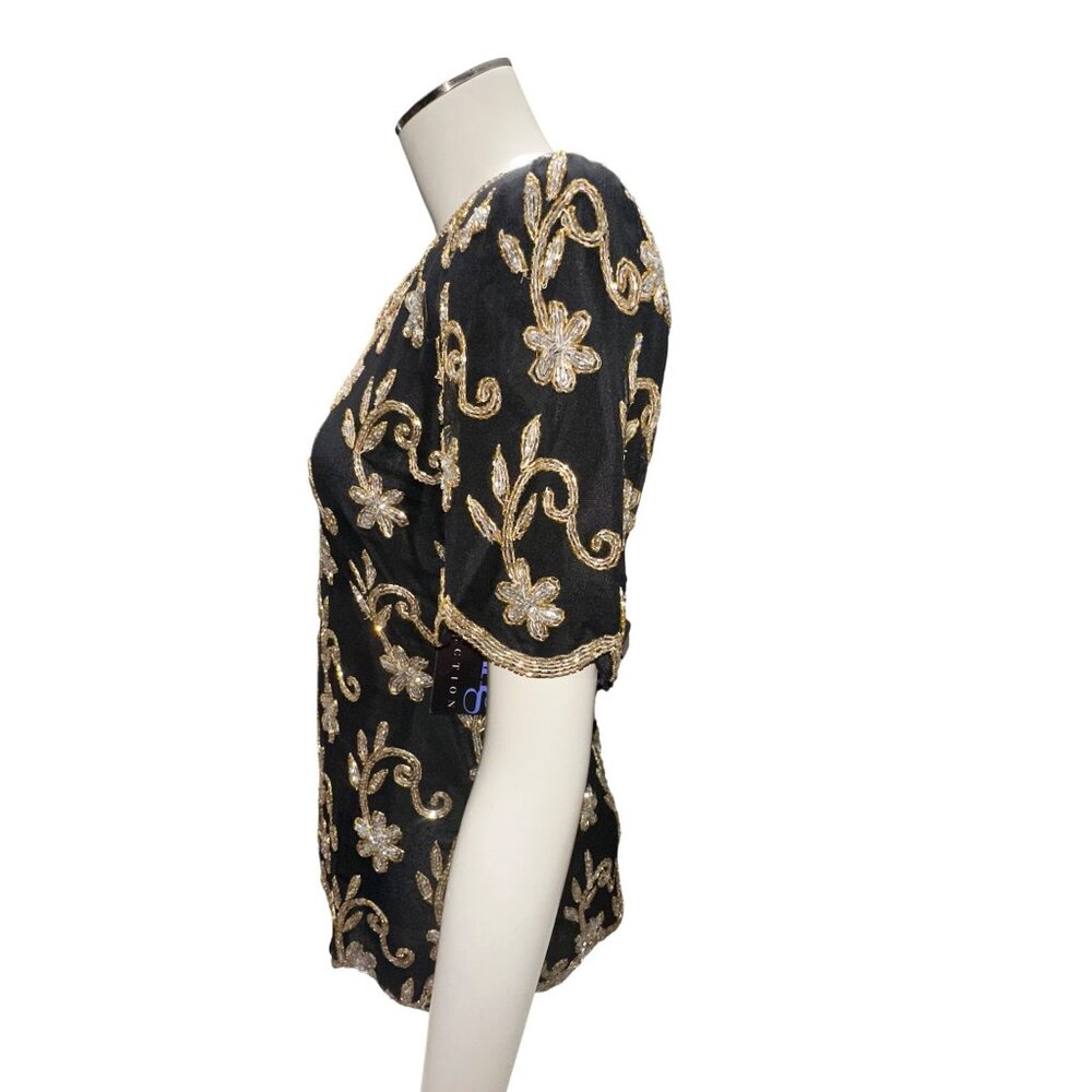 Stenay Small Black Gold All Silk Beaded Sequin Floral Blouse Vintage Evening Top - Picture 3 of 13
